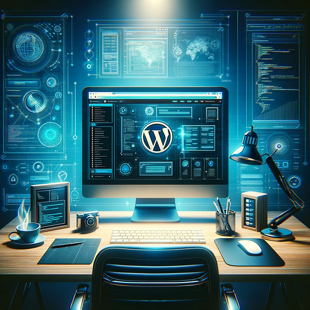 Professional Workspace Showcasing WordPress Web Design Services by Webmaster Solve in Deep Blue and Vibrant Teal